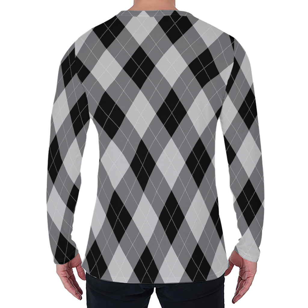Grey And Black Argyle Pattern Print Men's Long Sleeve T-Shirt