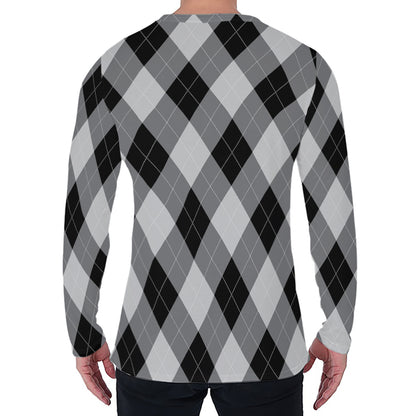 Grey And Black Argyle Pattern Print Men's Long Sleeve T-Shirt