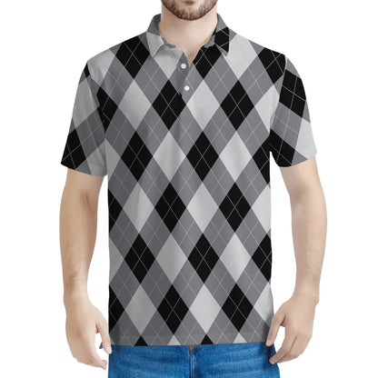 Grey And Black Argyle Pattern Print Men's Polo Shirt