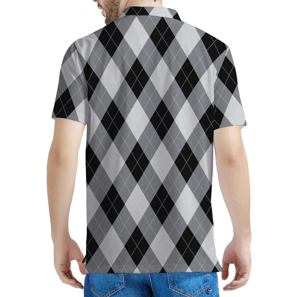 Grey And Black Argyle Pattern Print Men's Polo Shirt