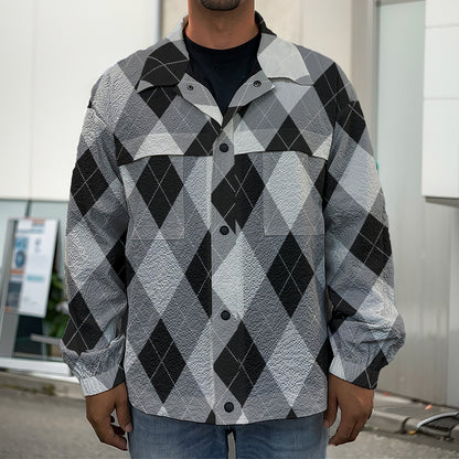 Grey And Black Argyle Pattern Print Men's Shirt Jacket