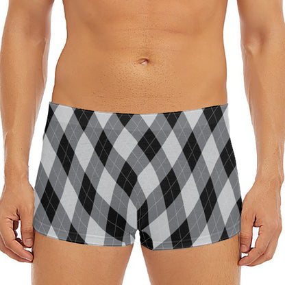 Grey And Black Argyle Pattern Print Men's Short Boxer Briefs
