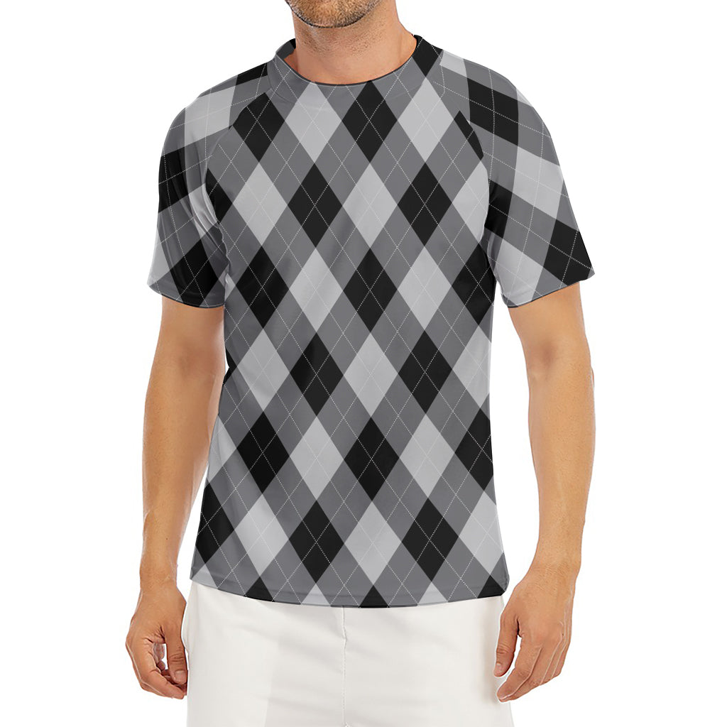 Grey And Black Argyle Pattern Print Men's Short Sleeve Rash Guard