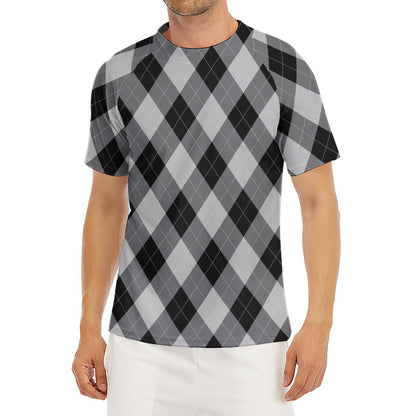 Grey And Black Argyle Pattern Print Men's Short Sleeve Rash Guard