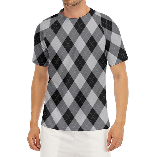 Grey And Black Argyle Pattern Print Men's Short Sleeve Rash Guard