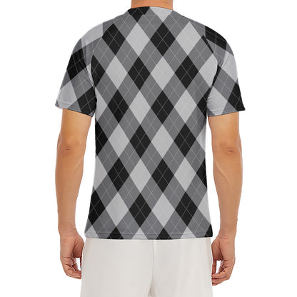 Grey And Black Argyle Pattern Print Men's Short Sleeve Rash Guard