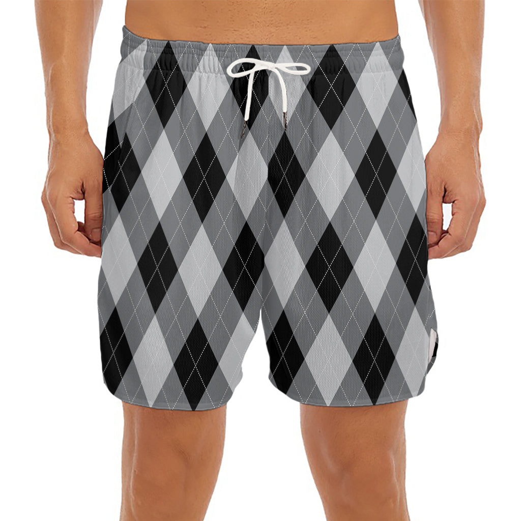 Grey And Black Argyle Pattern Print Men's Split Running Shorts