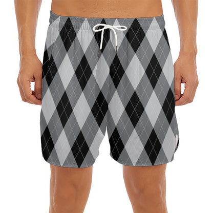 Grey And Black Argyle Pattern Print Men's Split Running Shorts