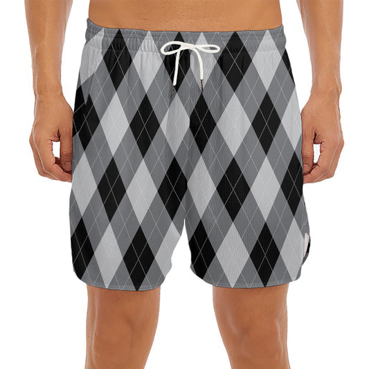 Grey And Black Argyle Pattern Print Men's Split Running Shorts