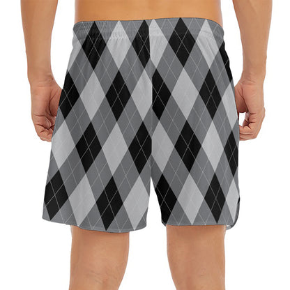 Grey And Black Argyle Pattern Print Men's Split Running Shorts