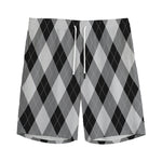 Grey And Black Argyle Pattern Print Men's Sports Shorts