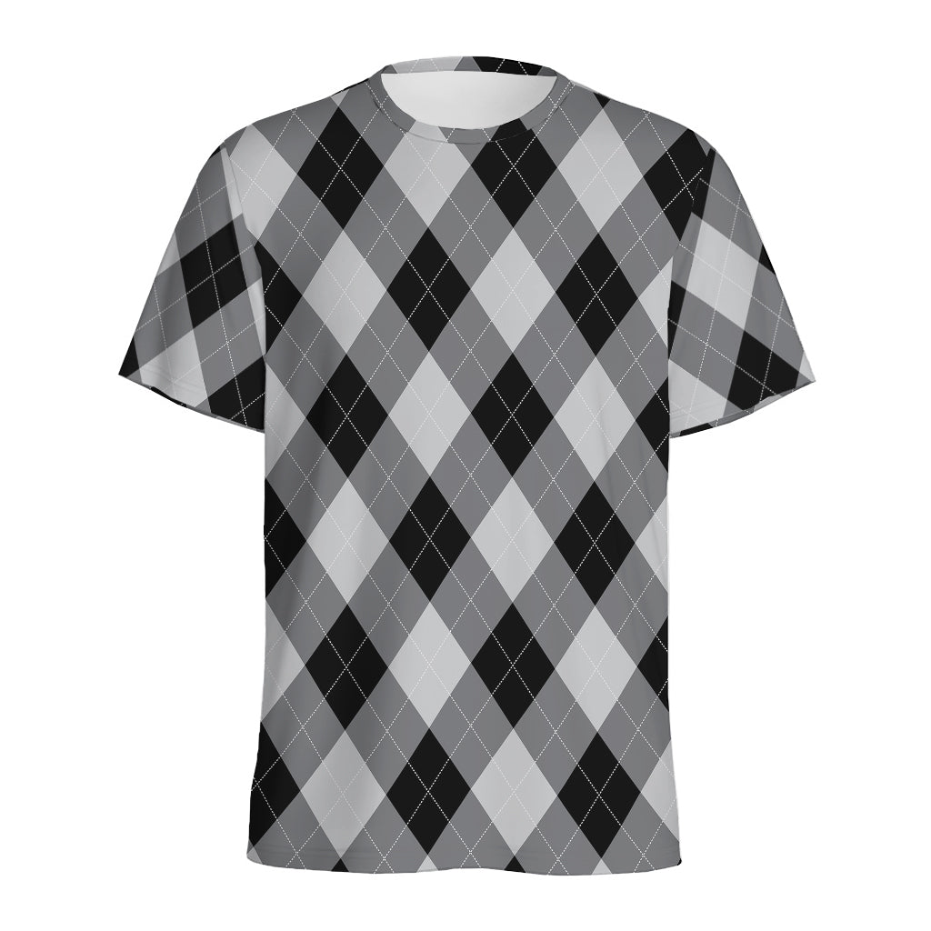 Grey And Black Argyle Pattern Print Men's Sports T-Shirt