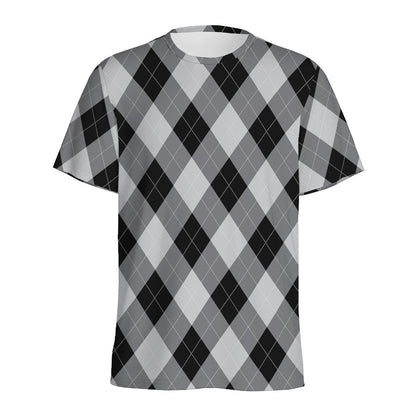 Grey And Black Argyle Pattern Print Men's Sports T-Shirt