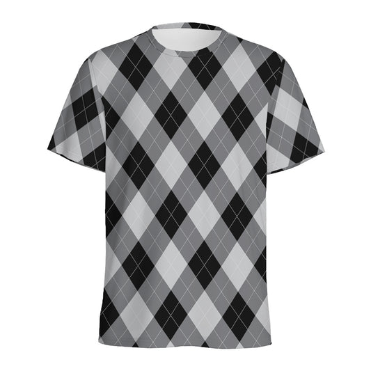 Grey And Black Argyle Pattern Print Men's Sports T-Shirt