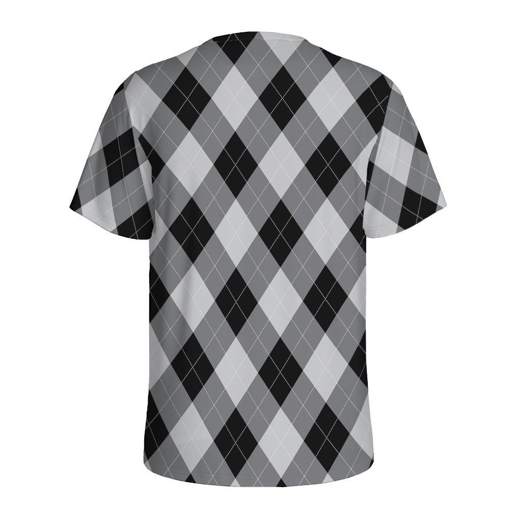 Grey And Black Argyle Pattern Print Men's Sports T-Shirt