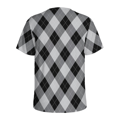 Grey And Black Argyle Pattern Print Men's Sports T-Shirt