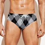 Grey And Black Argyle Pattern Print Men's Swim Briefs