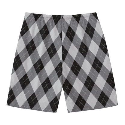 Grey And Black Argyle Pattern Print Men's Swim Trunks