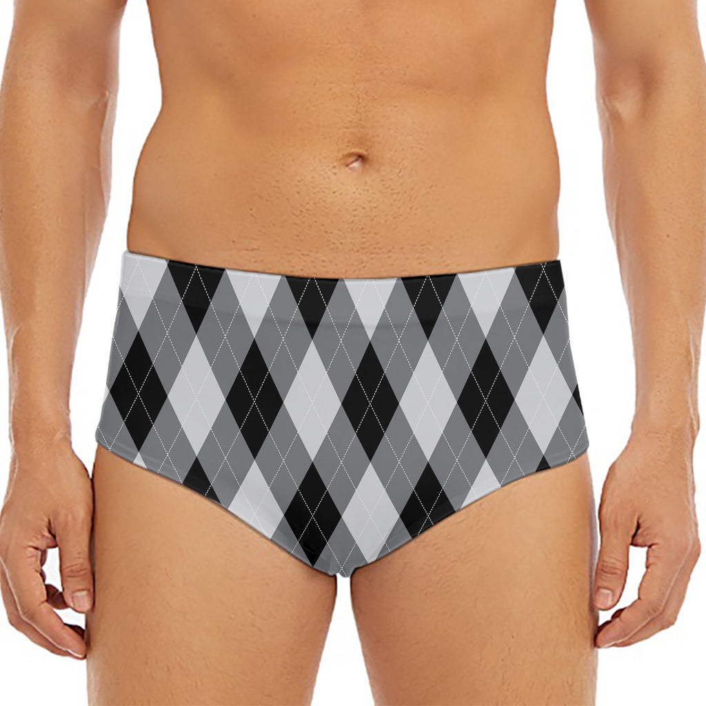 Grey And Black Argyle Pattern Print Men's Triangle Swim Briefs