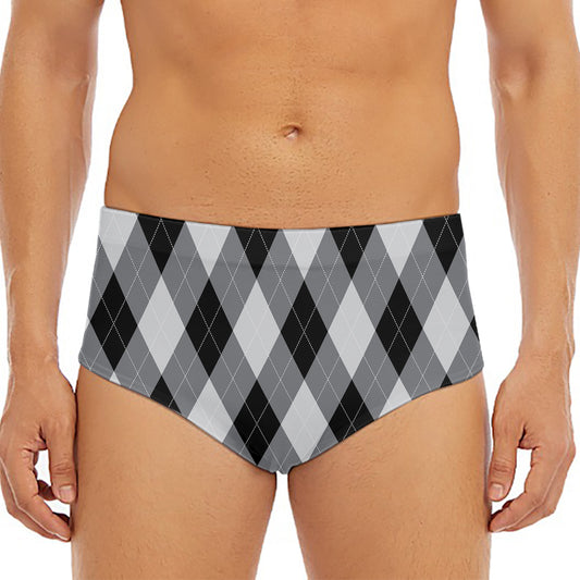 Grey And Black Argyle Pattern Print Men's Triangle Swim Briefs