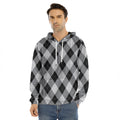 Grey And Black Argyle Pattern Print Men's Velvet Pullover Hoodie