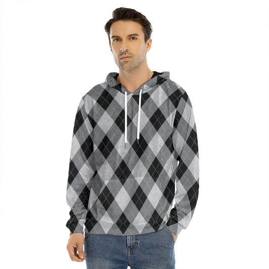 Grey And Black Argyle Pattern Print Men's Velvet Pullover Hoodie