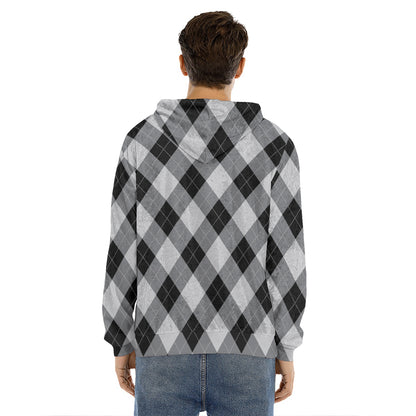 Grey And Black Argyle Pattern Print Men's Velvet Pullover Hoodie