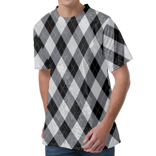 Grey And Black Argyle Pattern Print Men's Velvet T-Shirt