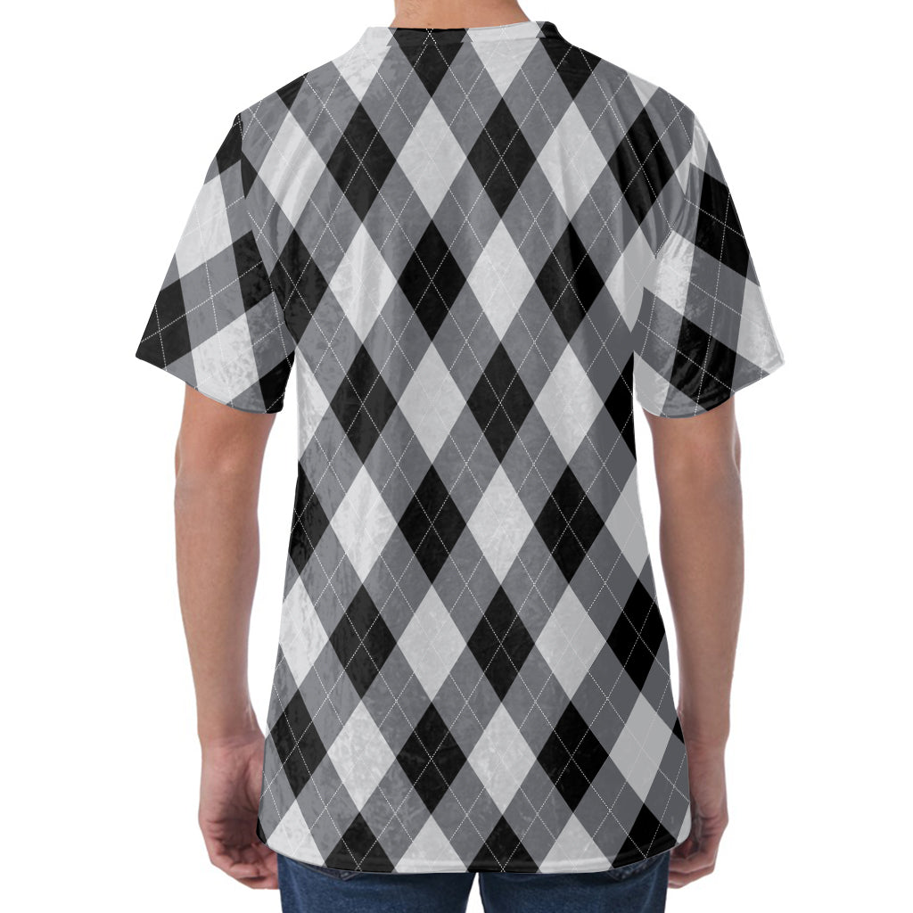 Grey And Black Argyle Pattern Print Men's Velvet T-Shirt
