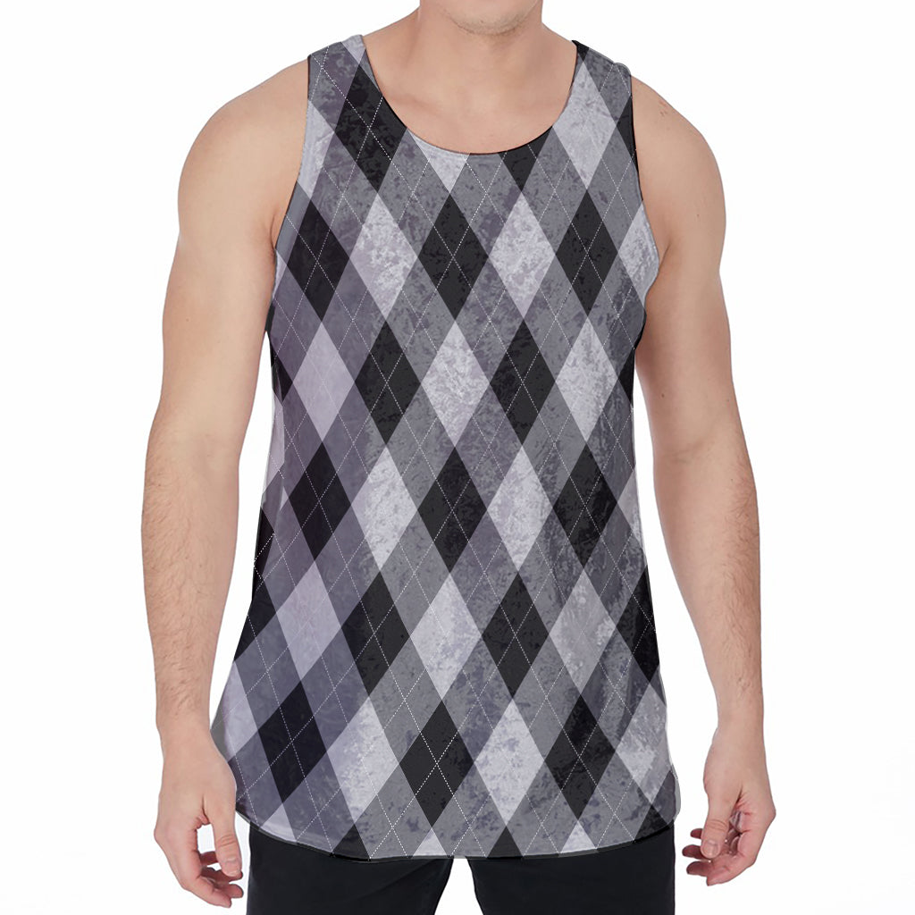 Grey And Black Argyle Pattern Print Men's Velvet Tank Top