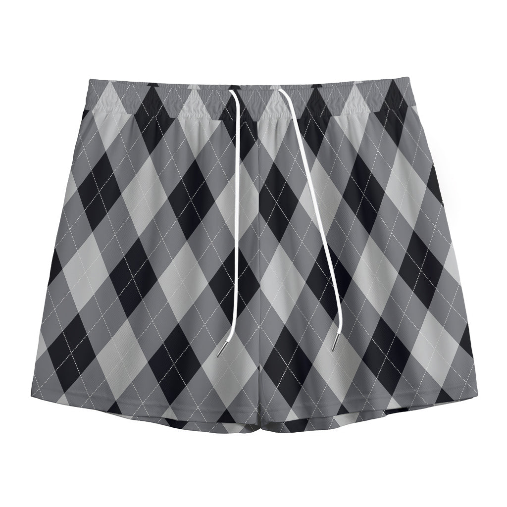 Grey And Black Argyle Pattern Print Mesh Shorts