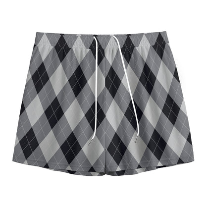 Grey And Black Argyle Pattern Print Mesh Shorts