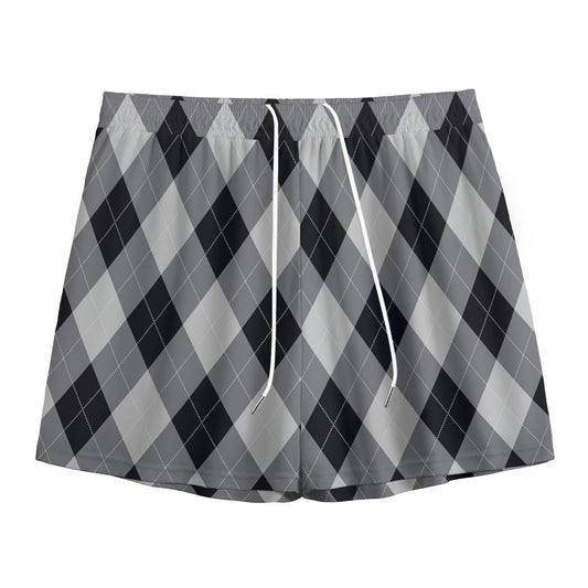 Grey And Black Argyle Pattern Print Mesh Shorts