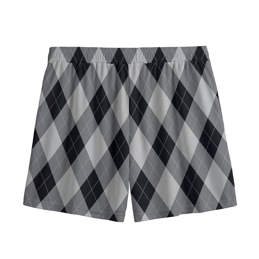 Grey And Black Argyle Pattern Print Mesh Shorts