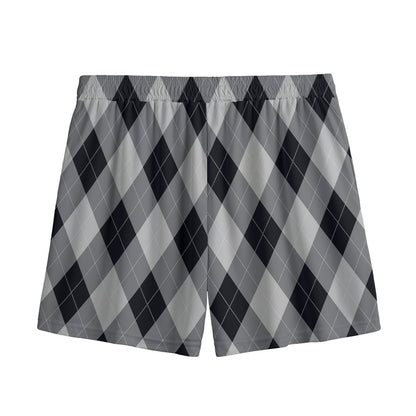 Grey And Black Argyle Pattern Print Mesh Shorts