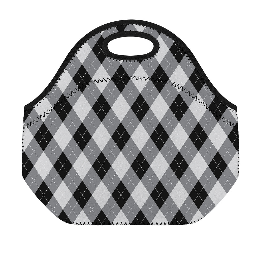 Grey And Black Argyle Pattern Print Neoprene Lunch Bag