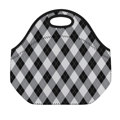 Grey And Black Argyle Pattern Print Neoprene Lunch Bag