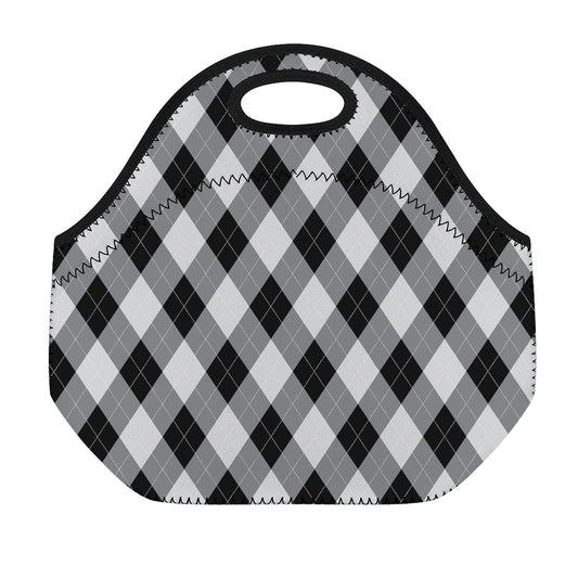 Grey And Black Argyle Pattern Print Neoprene Lunch Bag