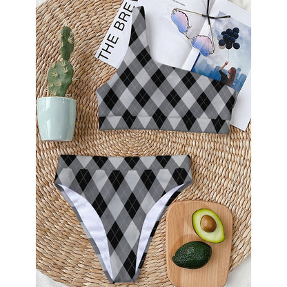 Grey And Black Argyle Pattern Print One Shoulder Bikini Top