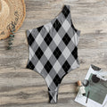 Grey And Black Argyle Pattern Print One Shoulder Bodysuit