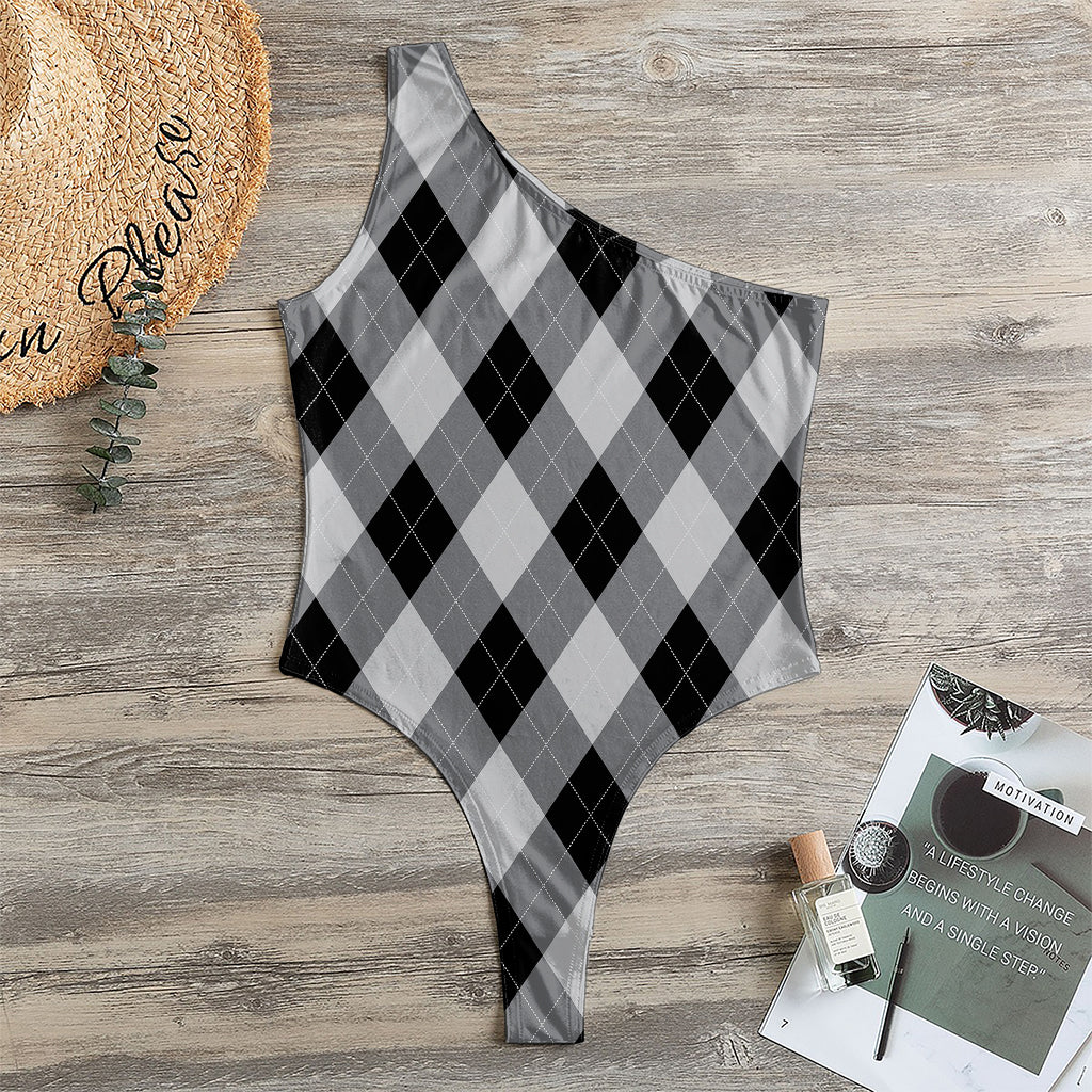 Grey And Black Argyle Pattern Print One Shoulder Bodysuit