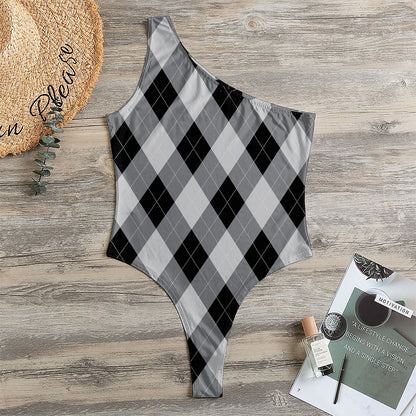 Grey And Black Argyle Pattern Print One Shoulder Bodysuit