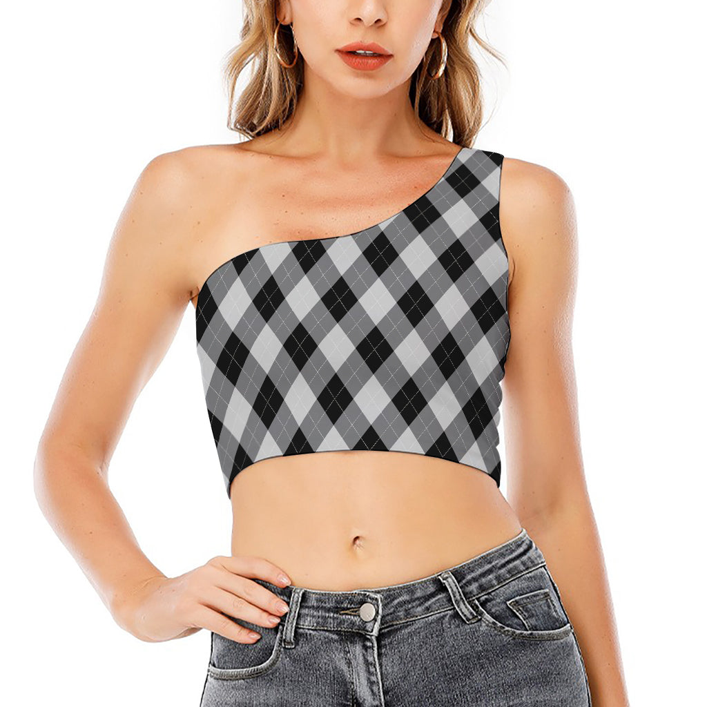 Grey And Black Argyle Pattern Print One Shoulder Crop Top
