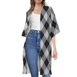 Grey And Black Argyle Pattern Print Open Front Beach Cover Up