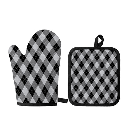 Grey And Black Argyle Pattern Print Oven Mitt And Pot Holder Set