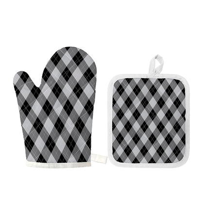 Grey And Black Argyle Pattern Print Oven Mitt And Pot Holder Set