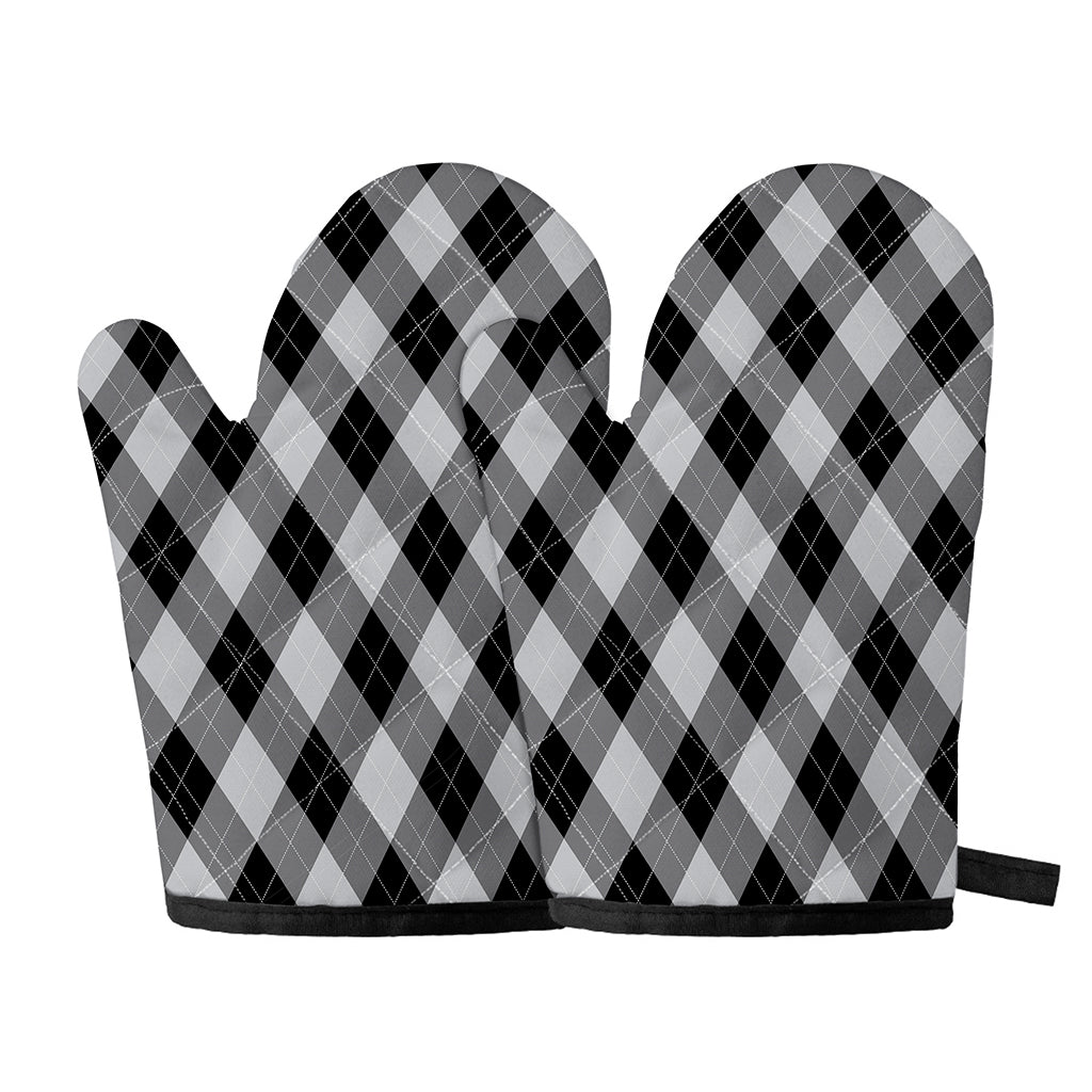 Grey And Black Argyle Pattern Print Oven Mitts