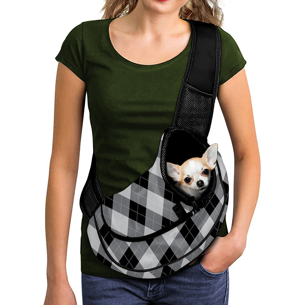 Grey And Black Argyle Pattern Print Pet Sling Carrier