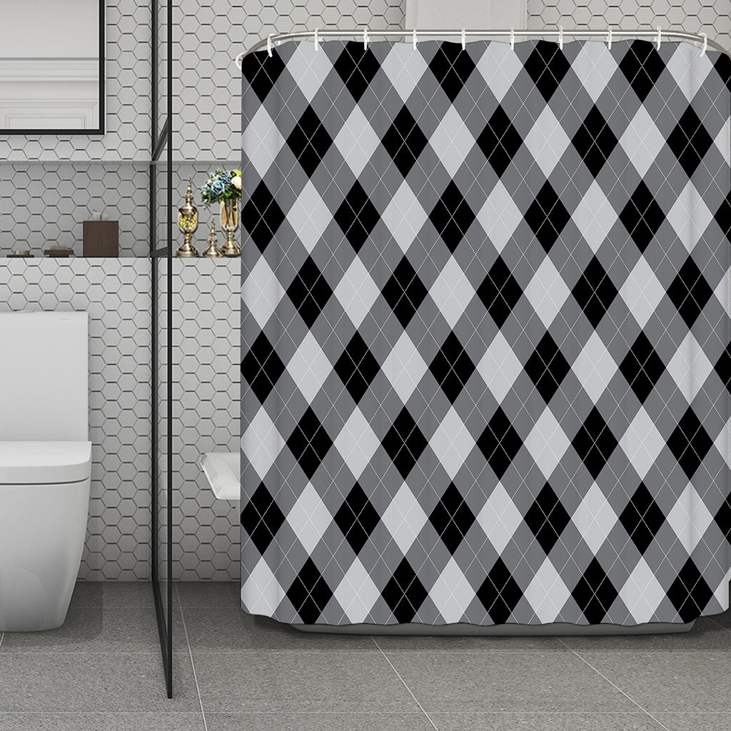 Grey And Black Argyle Pattern Print Polyester Shower Curtain