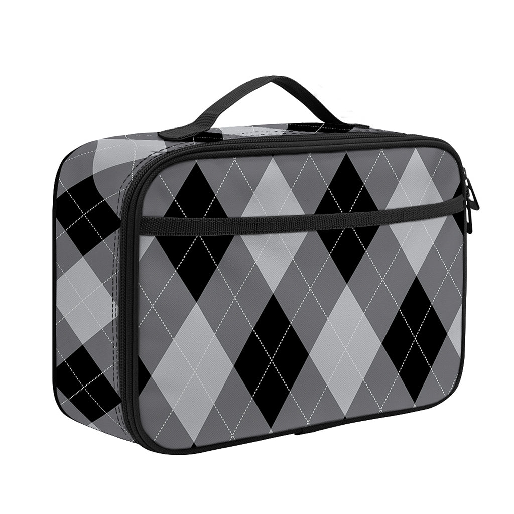 Grey And Black Argyle Pattern Print Portable Lunch Bag